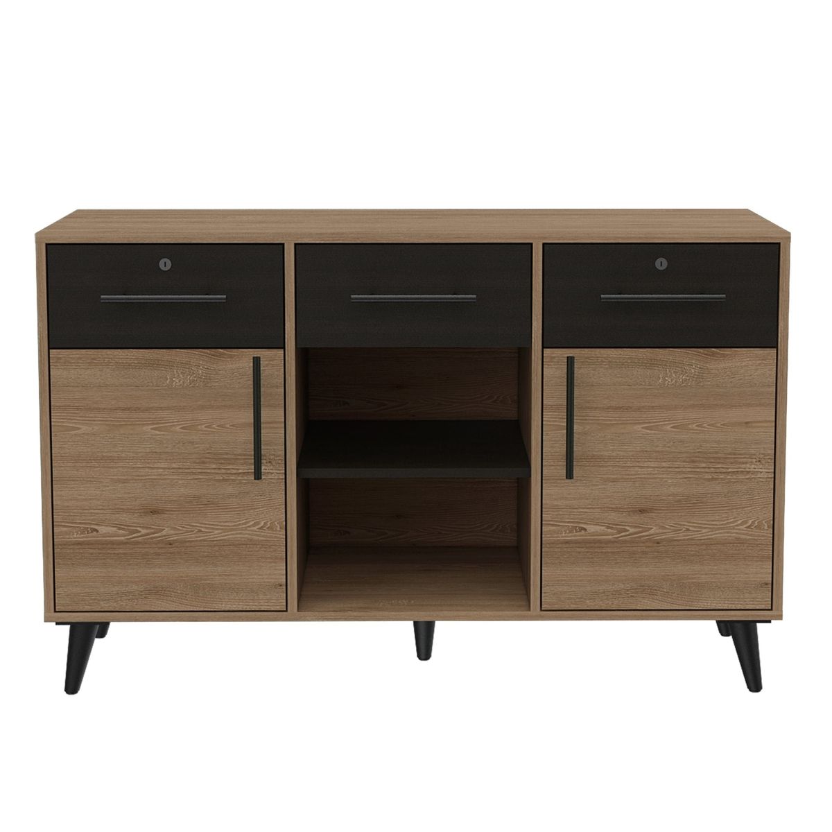 FMFURNITURE - Biffet 3 Cajones 2 Puertas Café Claro y Plomo 75x116.8x45.6 cm