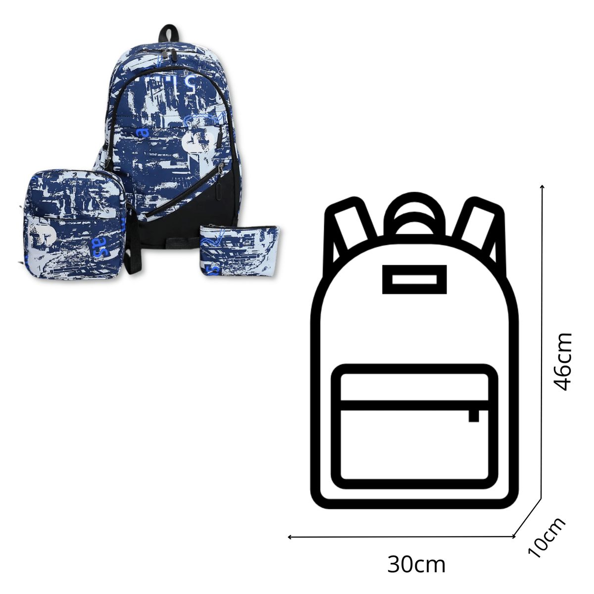 UTILISIMO - Pack Mochila Lonchera Estuche Grande 46cm Juvenil y Escolar Dark Blue