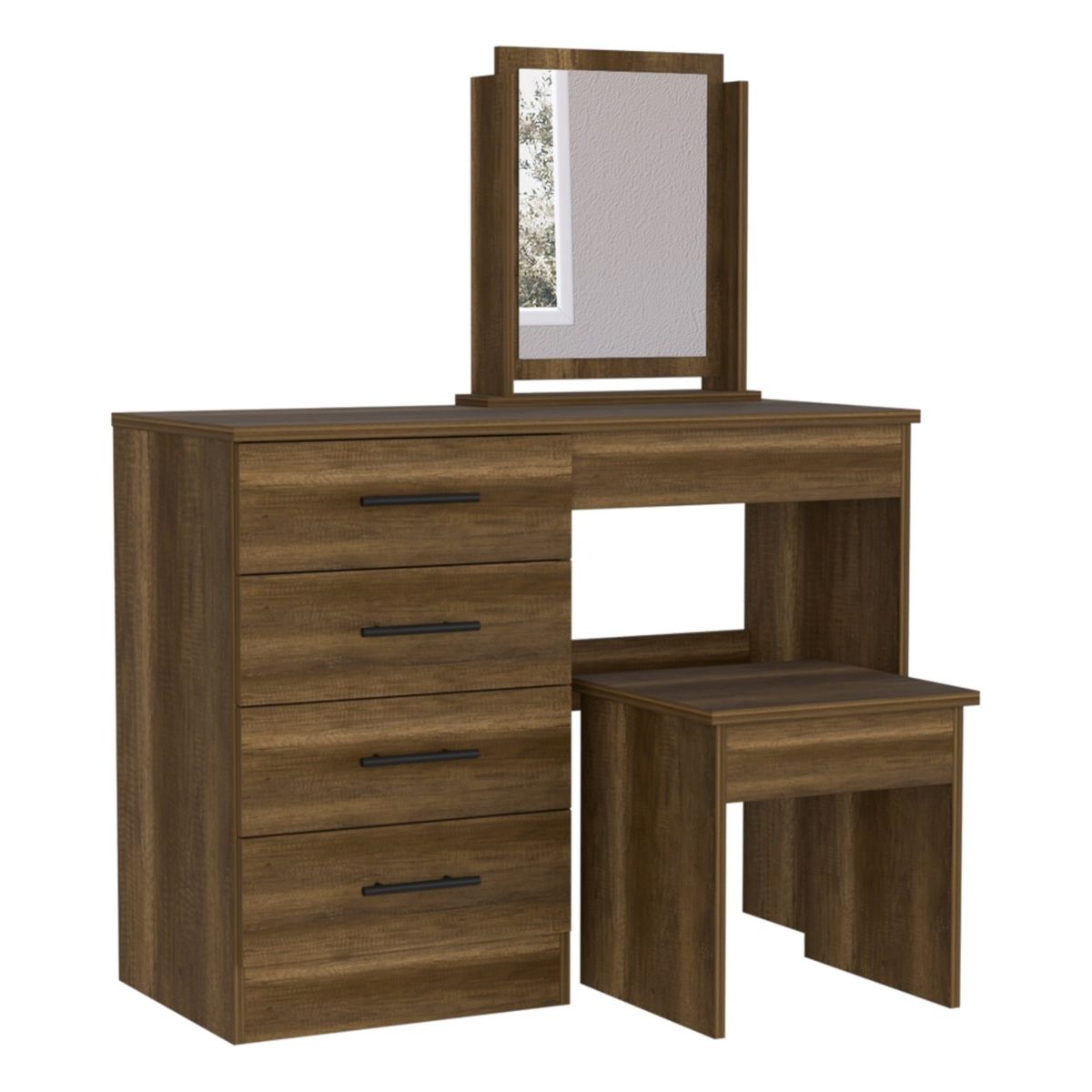 FMFURNITURE - Mueble Tocador 4 Cajones 1 Banca y Espejo - Café Oscuro 126.7x100x42.5 cm
