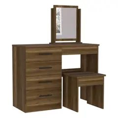 FMFURNITURE - Mueble Tocador 4 Cajones 1 Banca Y Espejo Fm-001O - Café Oscuro