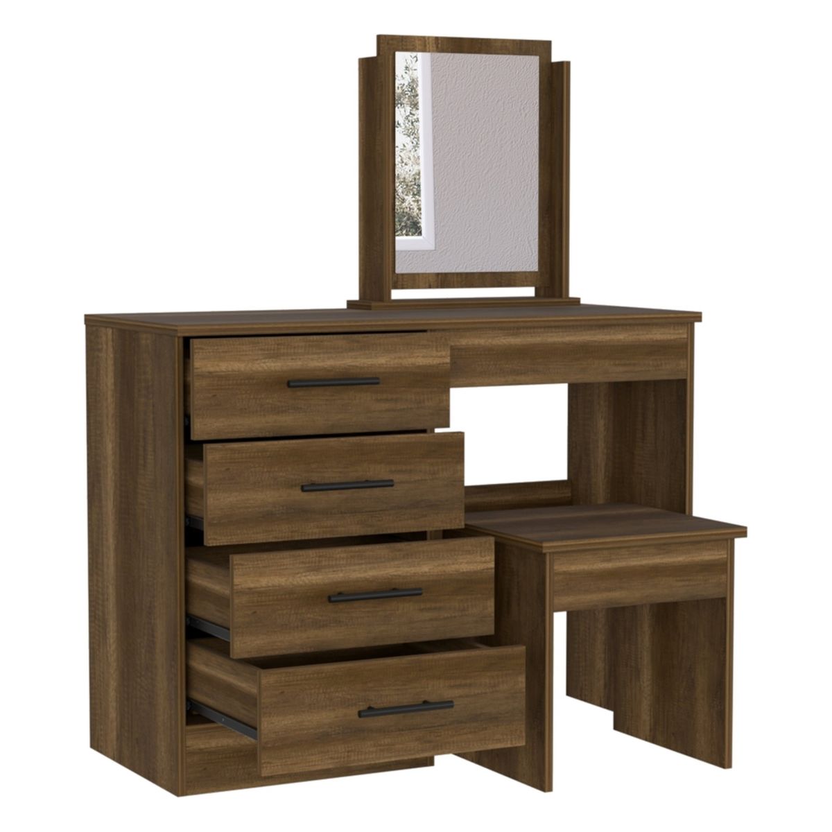 FMFURNITURE - Mueble Tocador 4 Cajones 1 Banca y Espejo - Café Oscuro 126.7x100x42.5 cm
