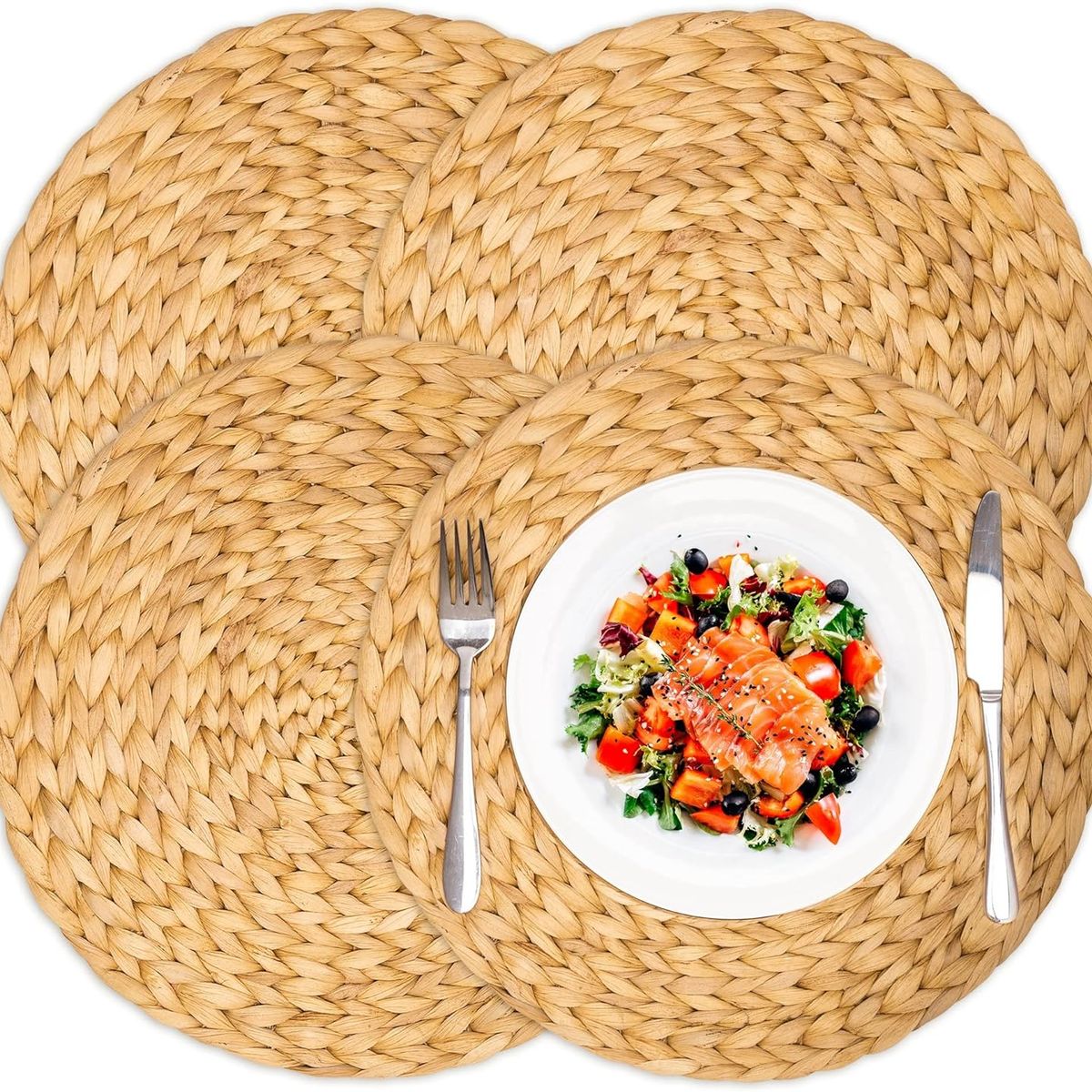 WAKESHOME - Individuales Redondos Mantel Natural De Fibra De Cañamo 4 Piezas