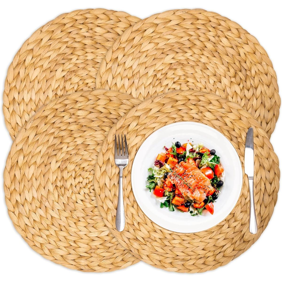 WAKESHOME - Individuales Redondos Mantel Natural De Fibra De Cañamo 4 Piezas