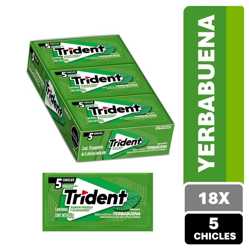 TRIDENT - Chicle Trident® Sabor Yerbabuena Sin Azúcar Pack 18 Unidades de 5 un cu