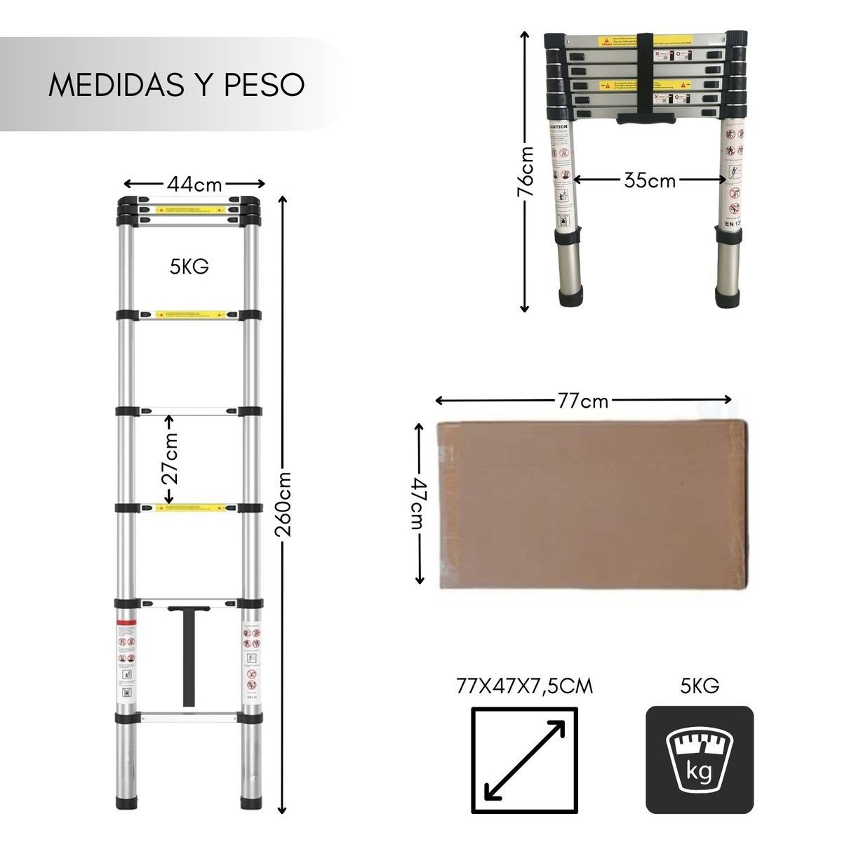 GENERICO - Escalera Retractil Telescopica Portatil Aluminio 2.6 Metros