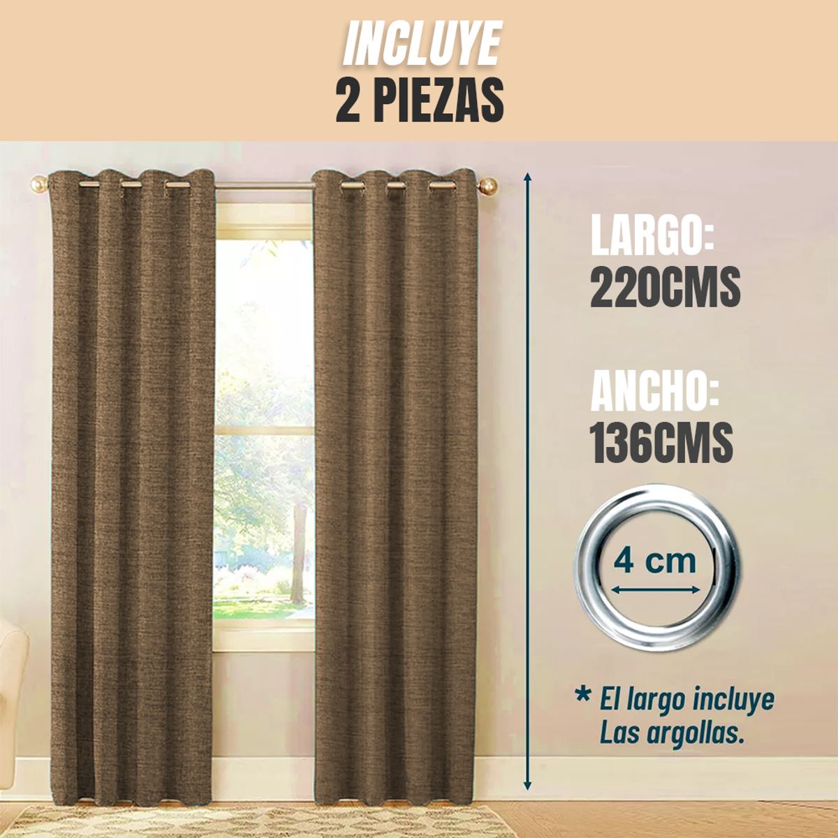 TIENDA EL GARAGE - Cortina Cafe Blackout 100%, 2 Paños De 220x140cm Textura Lino