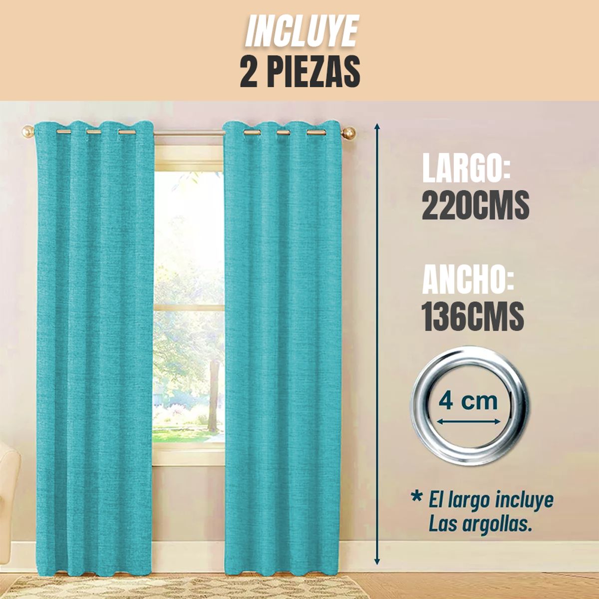 TIENDA EL GARAGE - Cortina Turquesa Blackout 100%, 2 Paños De 220x140cm Textura Lino