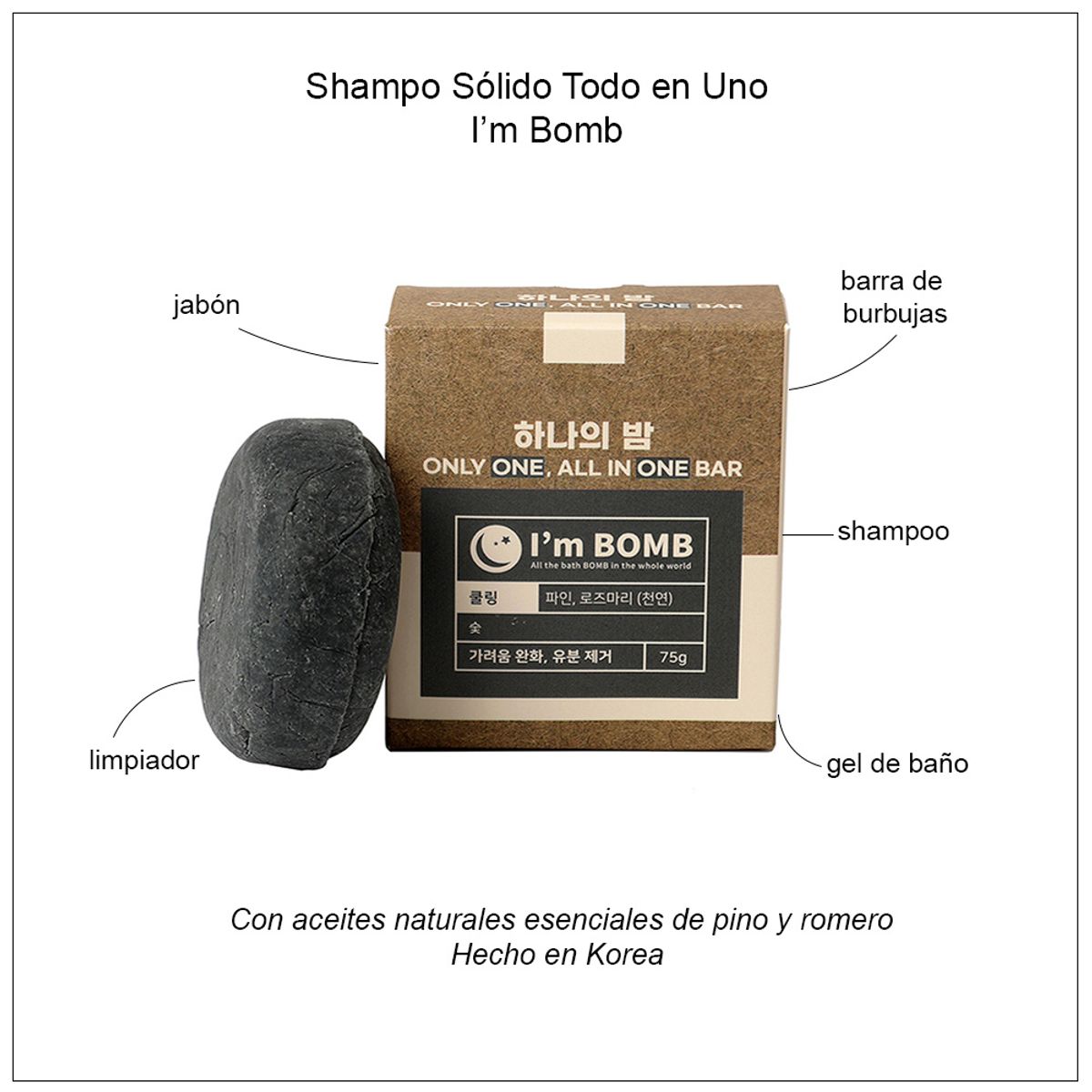 I'M BOMB - Shampoo Sólido Todo En Uno Esencia Pino y Romero 75g Im Bomb