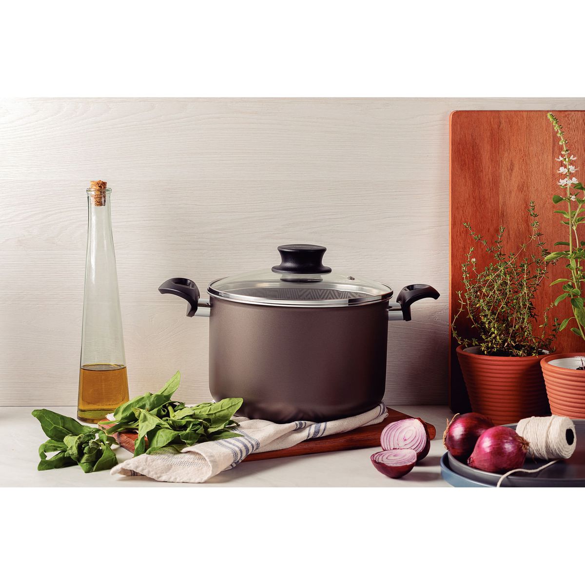 TRAMONTINA - Olla Alta Tramontina París Aluminio Antiadherente Starflon Max 24 cm 7,2 L con Tapa de Vidrio