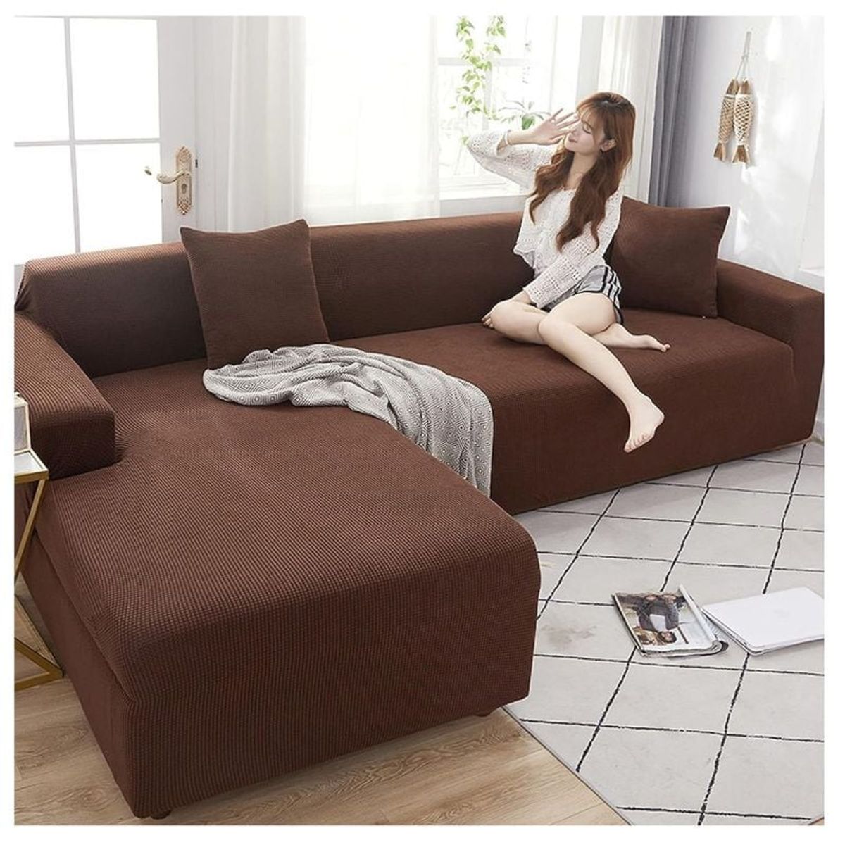GENERICO - Funda Cubre Sillón Sofá Tipo L 4+3 Cuerpo Cuadrille