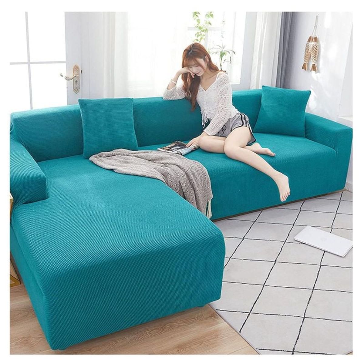 GENERICO - Funda Cubre Sillón Sofá Tipo L 4+3 Cuerpo Cuadrille