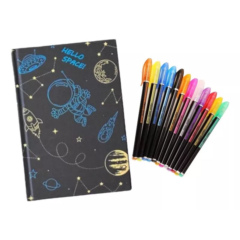 GENERICO - Libreta Negra Más Lápices Neón Diseños Espacial