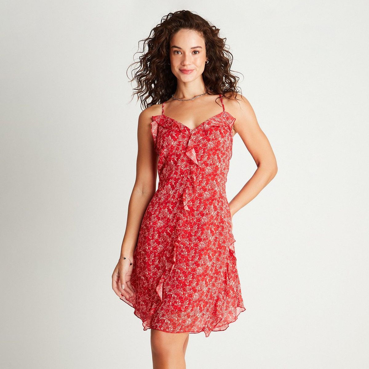 ACUARELA - Vestido Corto Rojo Estampado Tirantes