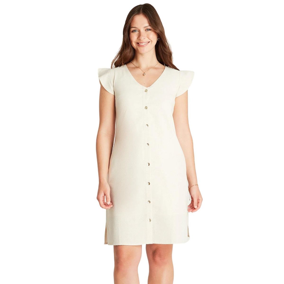 LORENZO DI PONTTI - Vestido Corto Beige Manga Corta Cuello V