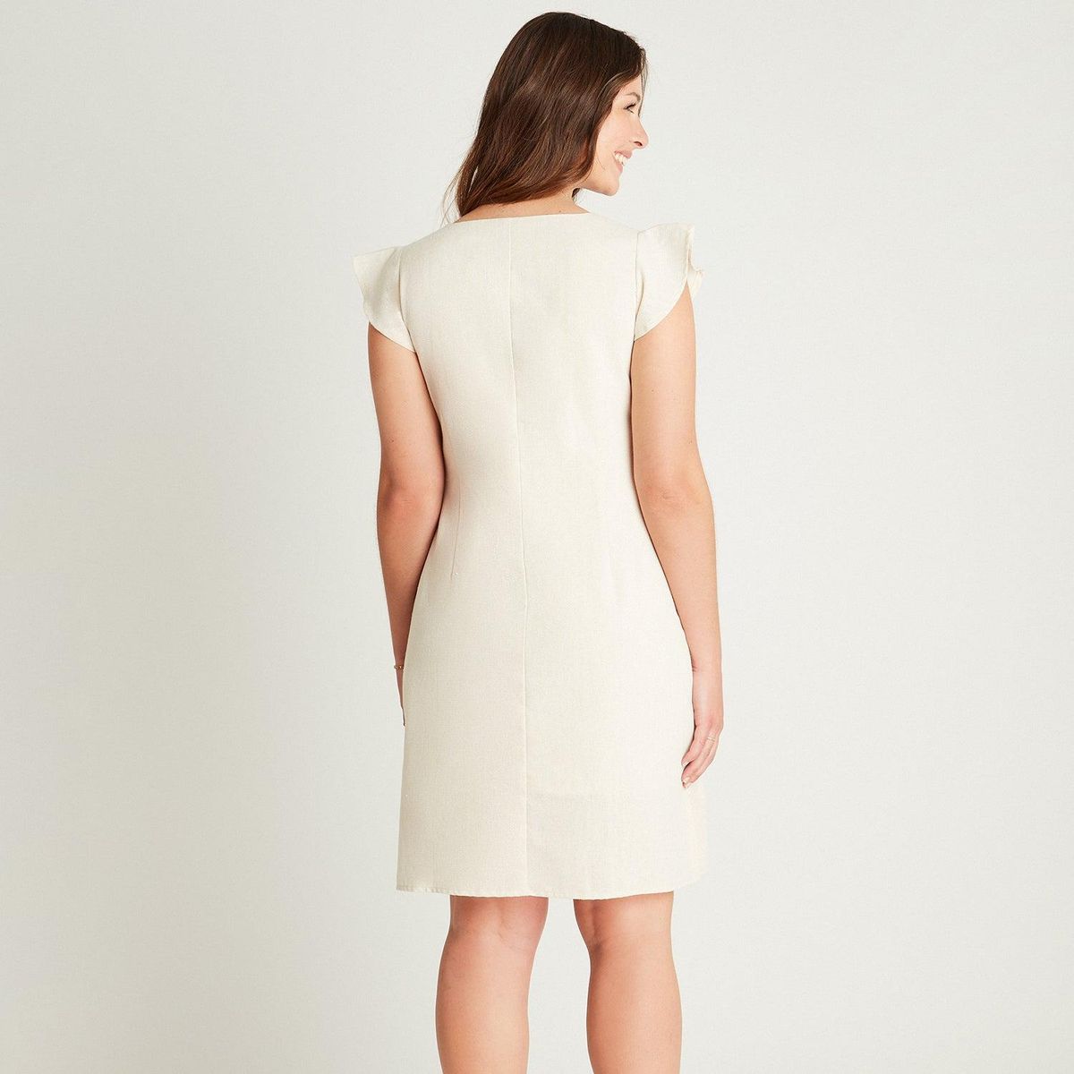 LORENZO DI PONTTI - Vestido Corto Beige Manga Corta Cuello V