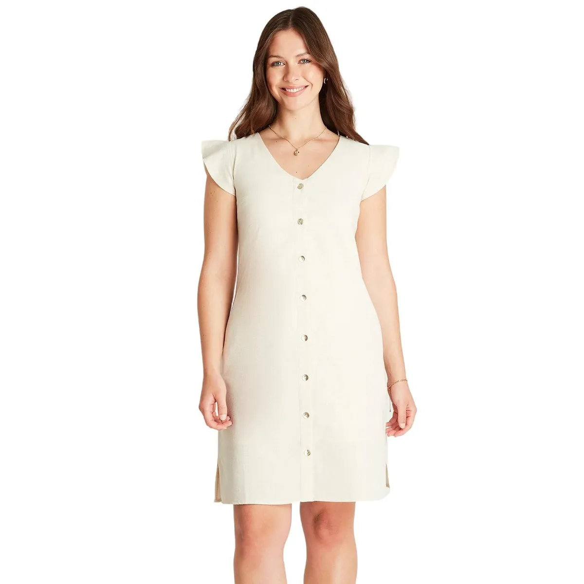 LORENZO DI PONTTI - Vestido Corto Beige Manga Corta Cuello V