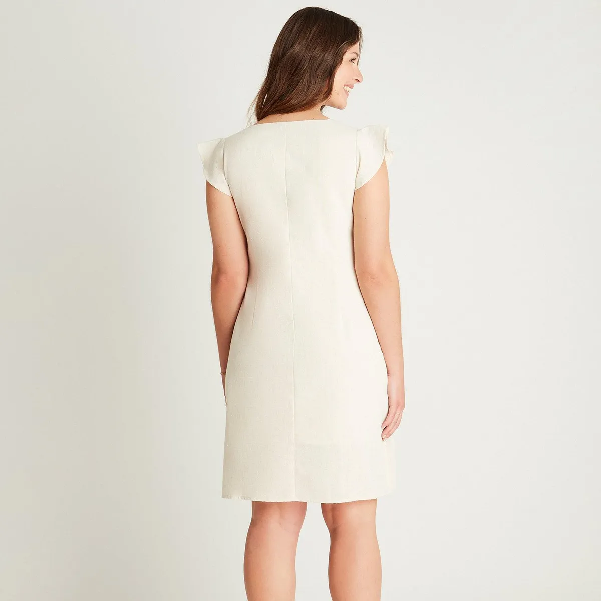 LORENZO DI PONTTI - Vestido Corto Beige Manga Corta Cuello V