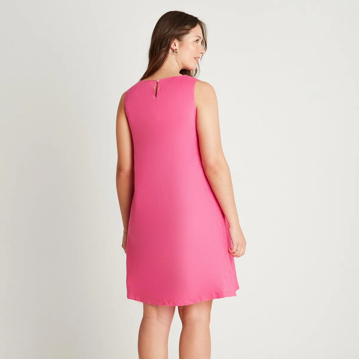 LORENZO DI PONTTI - Vestido Midi Lino Fucsia Sin Manga Cuello Redondo