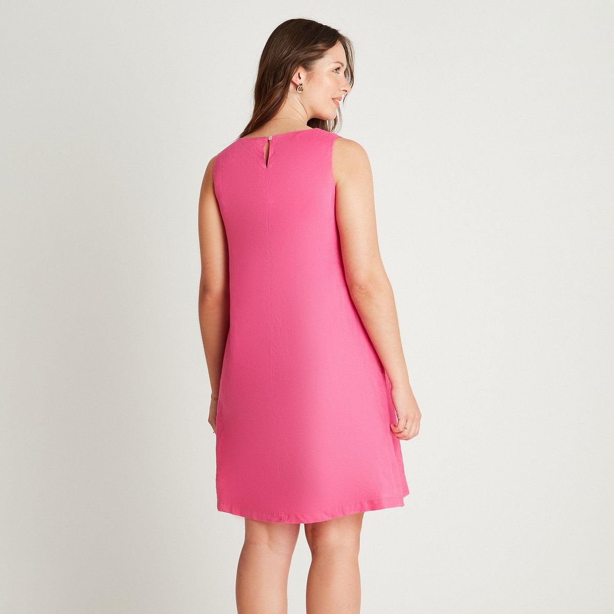 LORENZO DI PONTTI - Vestido Midi Lino Fucsia Sin Manga Cuello Redondo