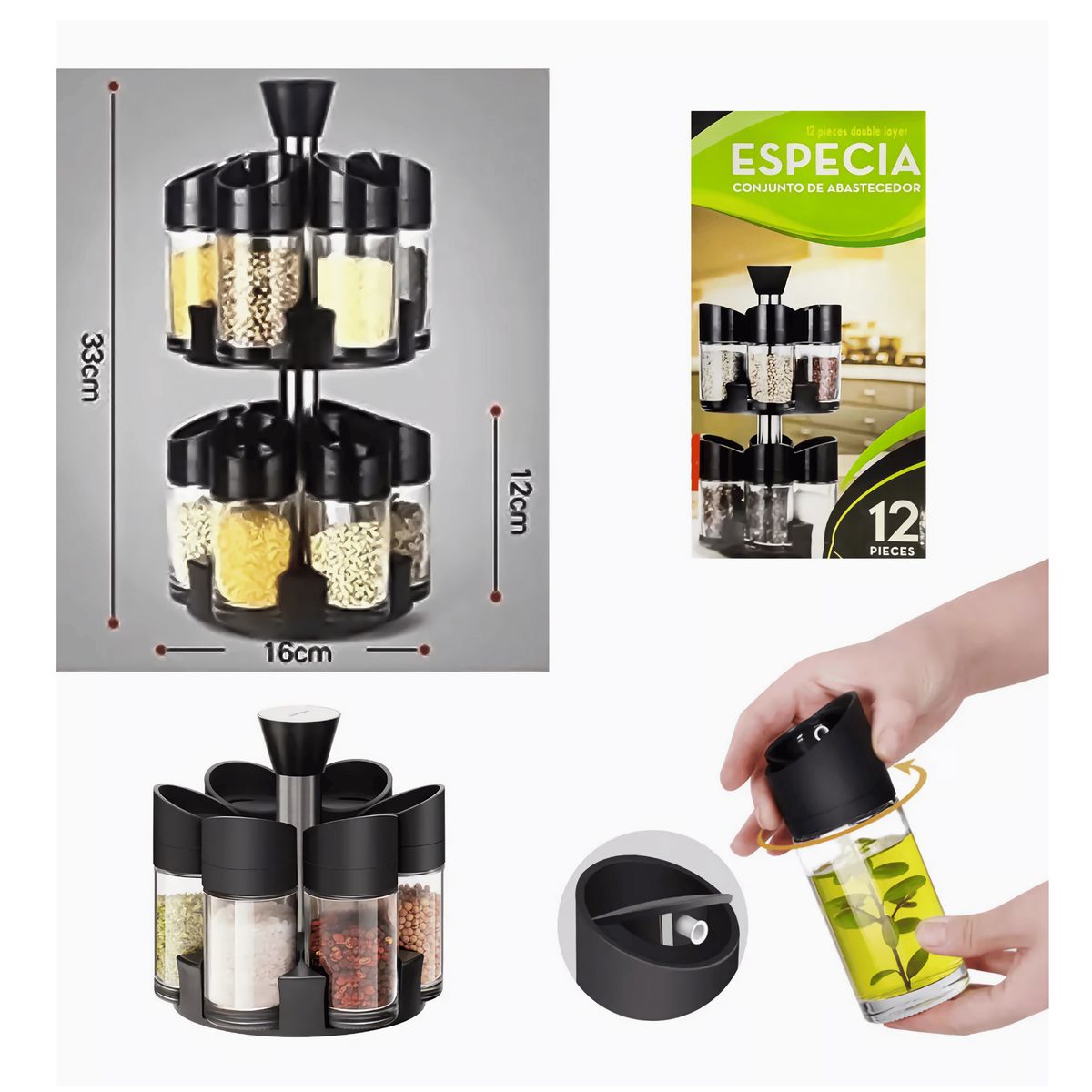 LINE - Especiero Giratorio 2 Niveles Set De 12 Envases Multifuncional Cocina