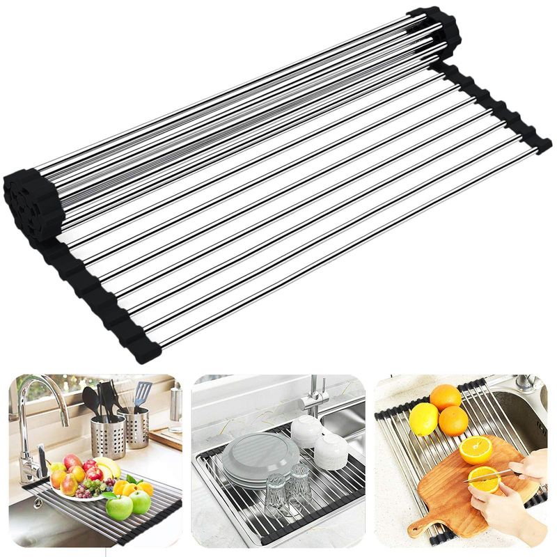 GENERICO - Negro Escurridor De Trastes Plegable De Acero Inoxidable