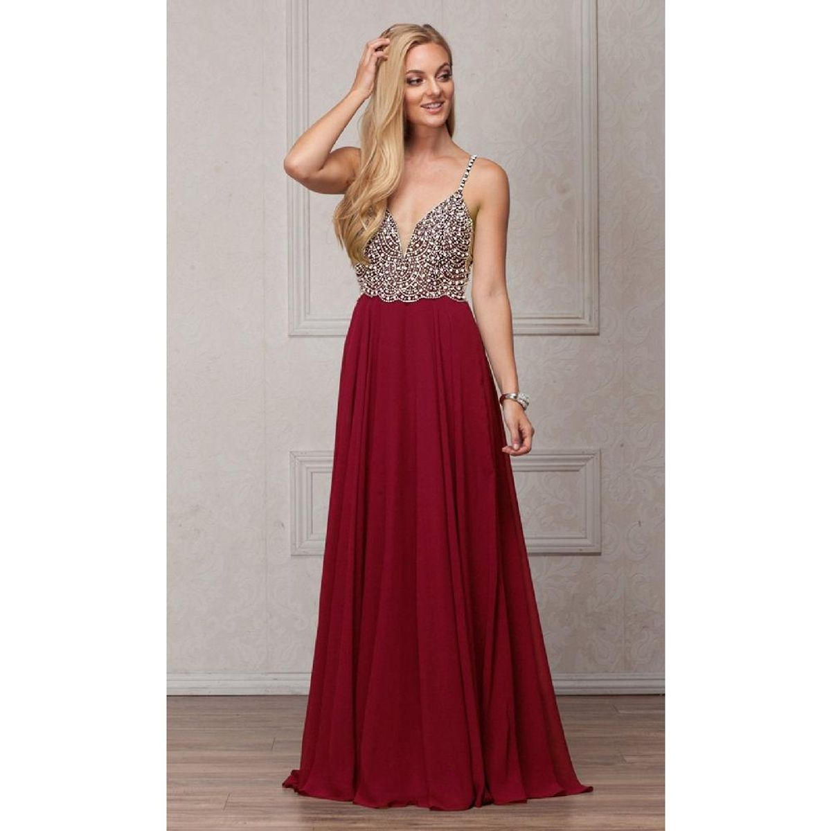 UNIQUE - VESTIDO LARGO DE FIESTA L570 GRANATE - Granate