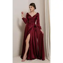 UNIQUE - VESTIDO LARGO SATIN MANGAS L19691 BURDEO - Burdeos