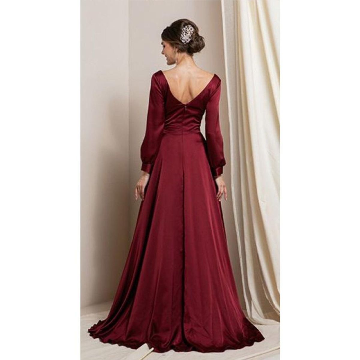 UNIQUE - VESTIDO LARGO SATIN MANGAS L19691 BURDEO - Burdeos