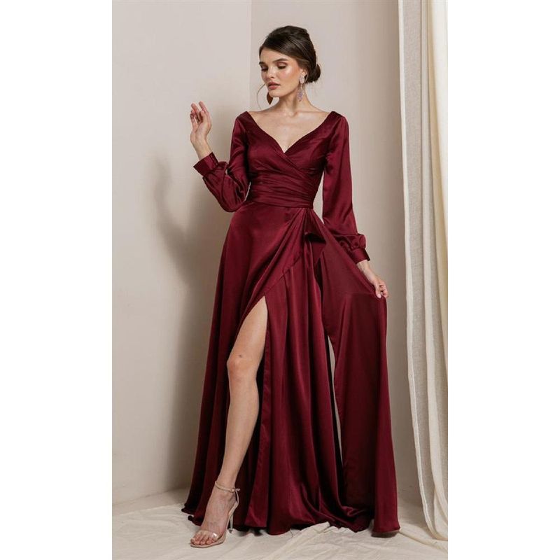 UNIQUE - VESTIDO LARGO SATIN MANGAS L19691 BURDEO - Burdeos
