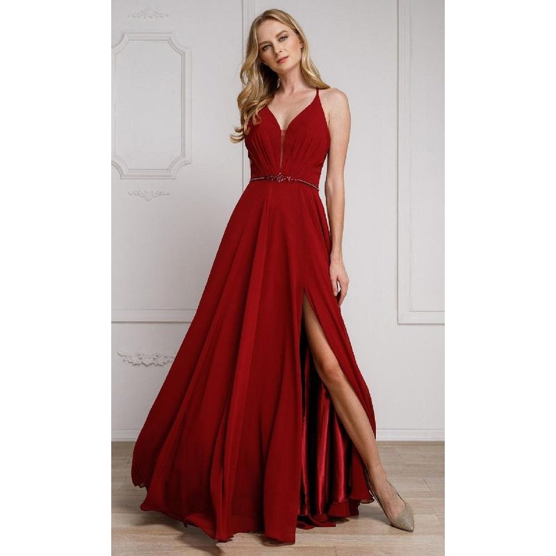UNIQUE - VESTIDO LARGO L026 GRANATE - Granate