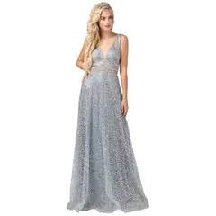 UNIQUE - VESTIDO LARGO L2488 PLATEADO - Plateado