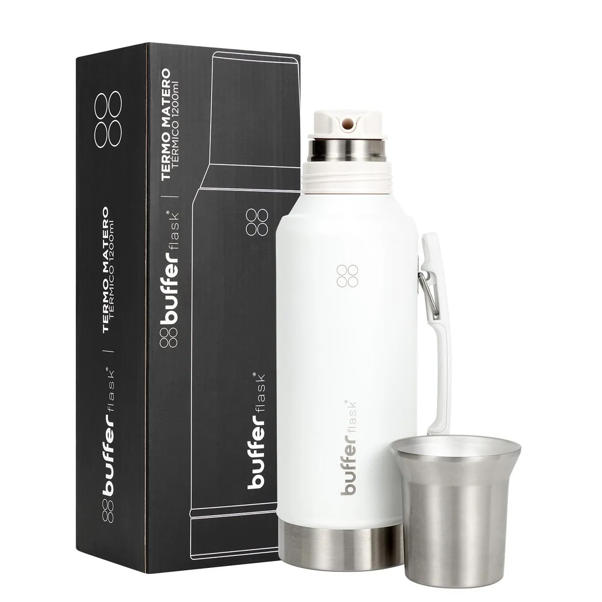 BUFFER FLASK - Termo Mate Set Matero Buffer 1,2L Acero Inox + Vaso - Blanco