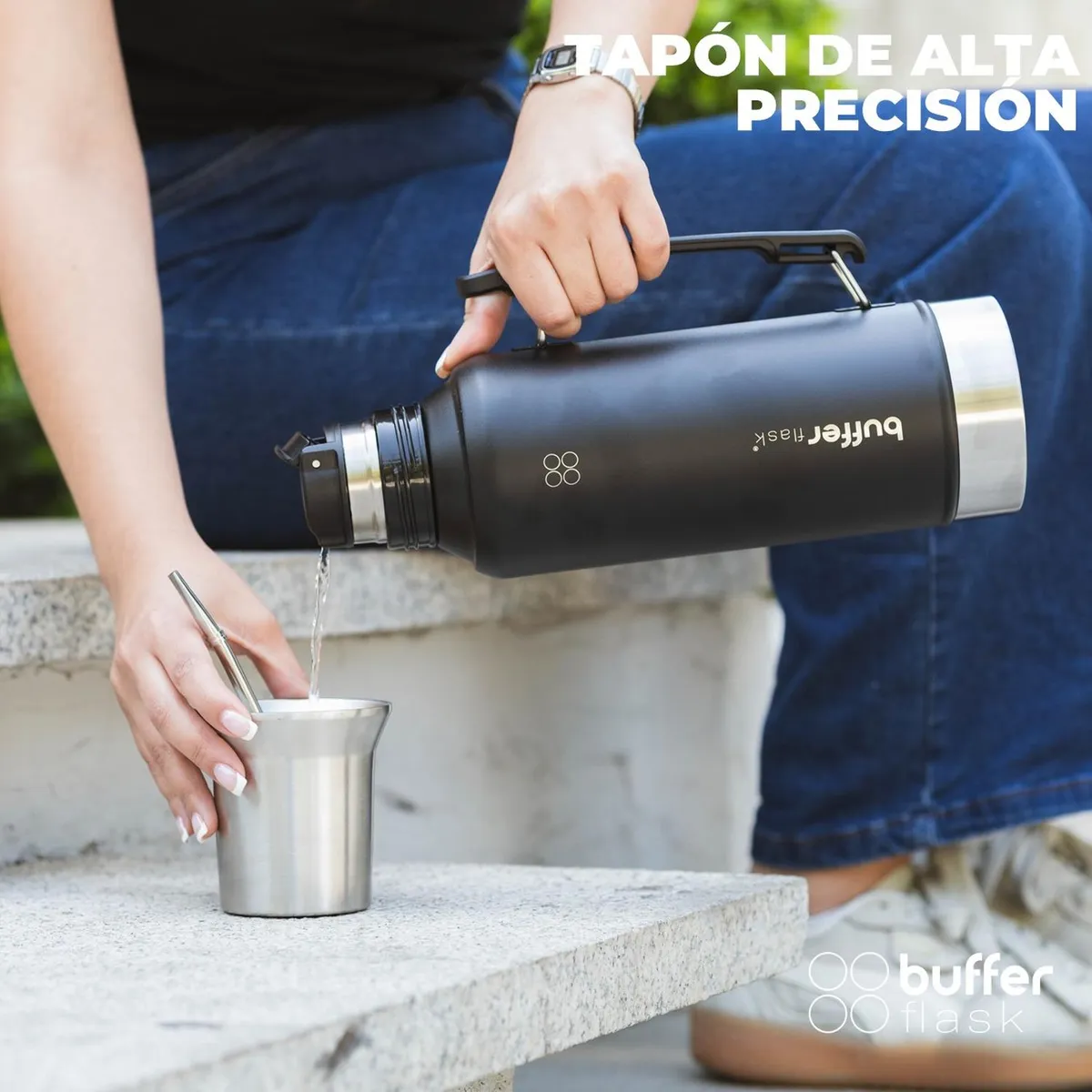 BUFFER FLASK - Termo Mate Set Matero Buffer 12L Acero Inox + Vaso - Negro