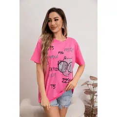 MPROPIA - Polera Mujer Algodon Manga Corta Oversize Gatito 2007