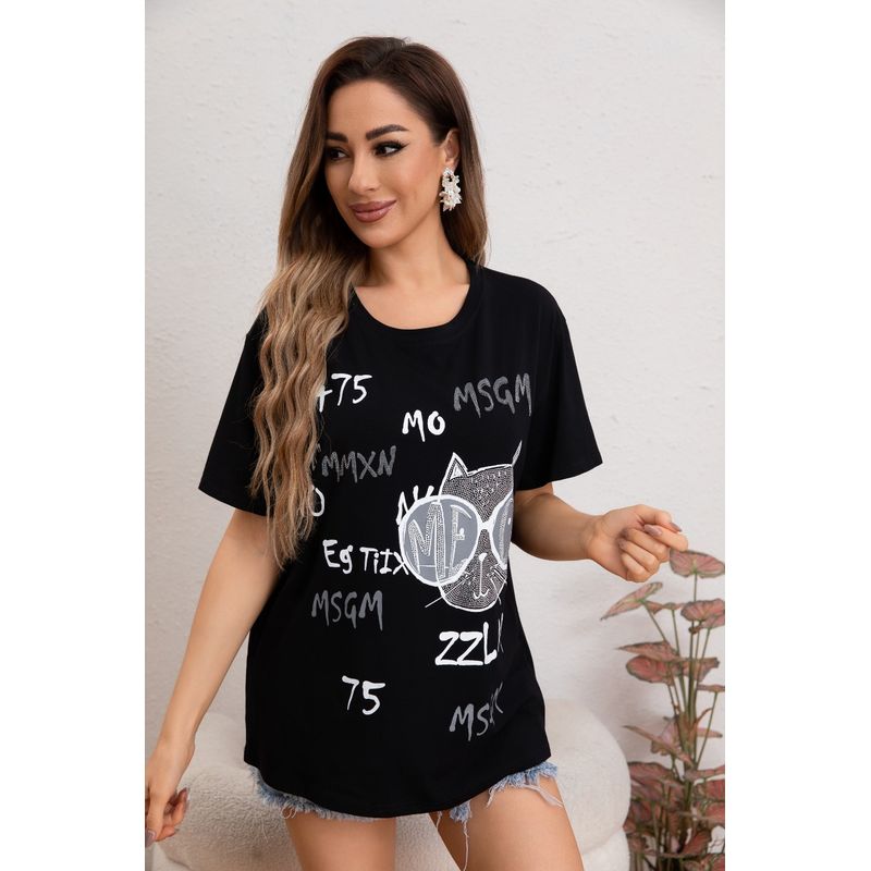 MPROPIA - Polera Mujer Algodon Manga Corta Oversize Gatito 2007