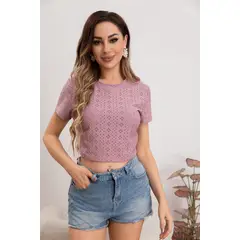 LIKE SHOP - Top Encaje Broderie Mujer Polera Manga Corta 5006