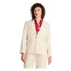 CURVI - Blazer Manga Larga Lino Botones Madera Beige