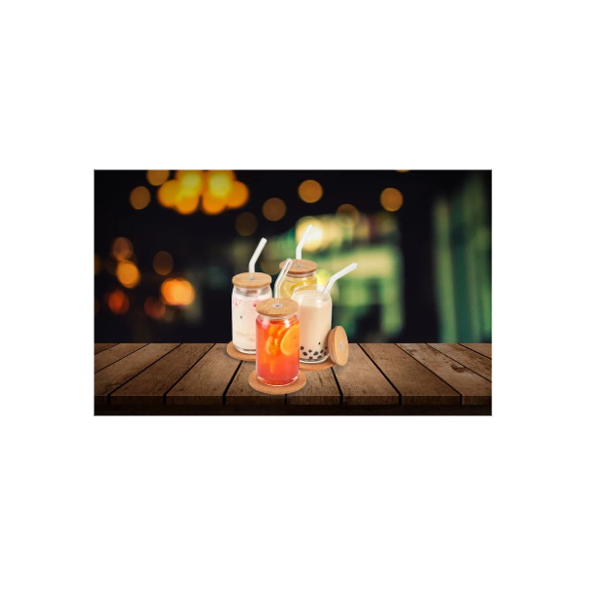 GENERICO - PACK 4 VASOS DE VIDRIO CON TAPA DE BAMBÚ