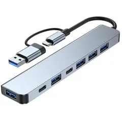 GENERICO - Doble Adaptador Hub 7en1 Type USB-C 3.0 Multipuerto