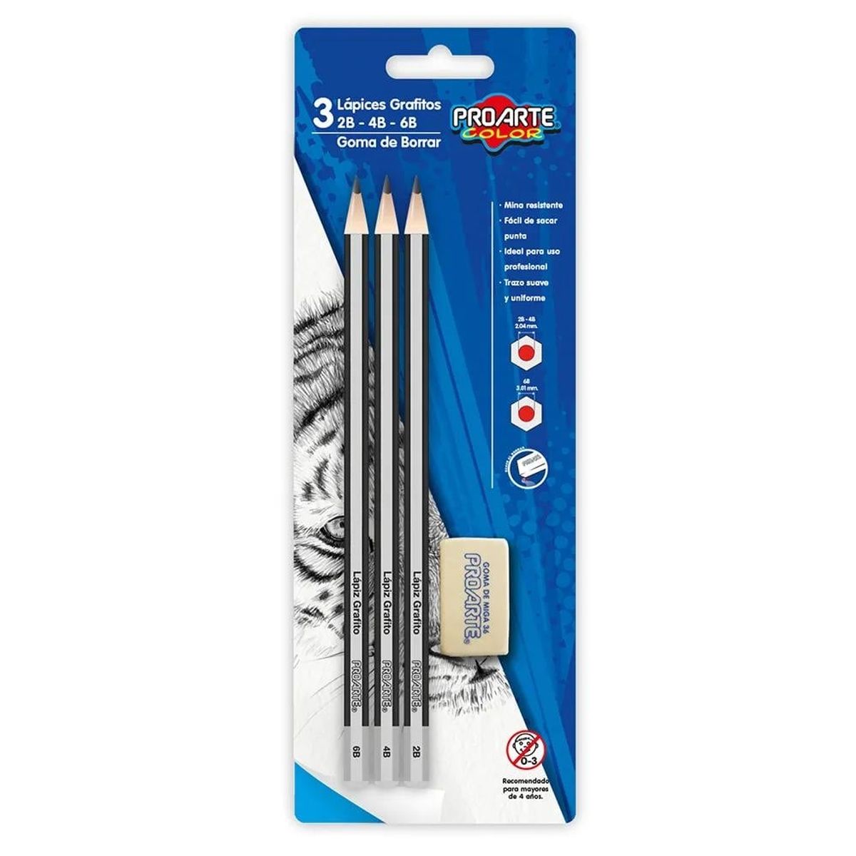 PROARTE - set de 3 lápices grafitos incluye goma de borrar