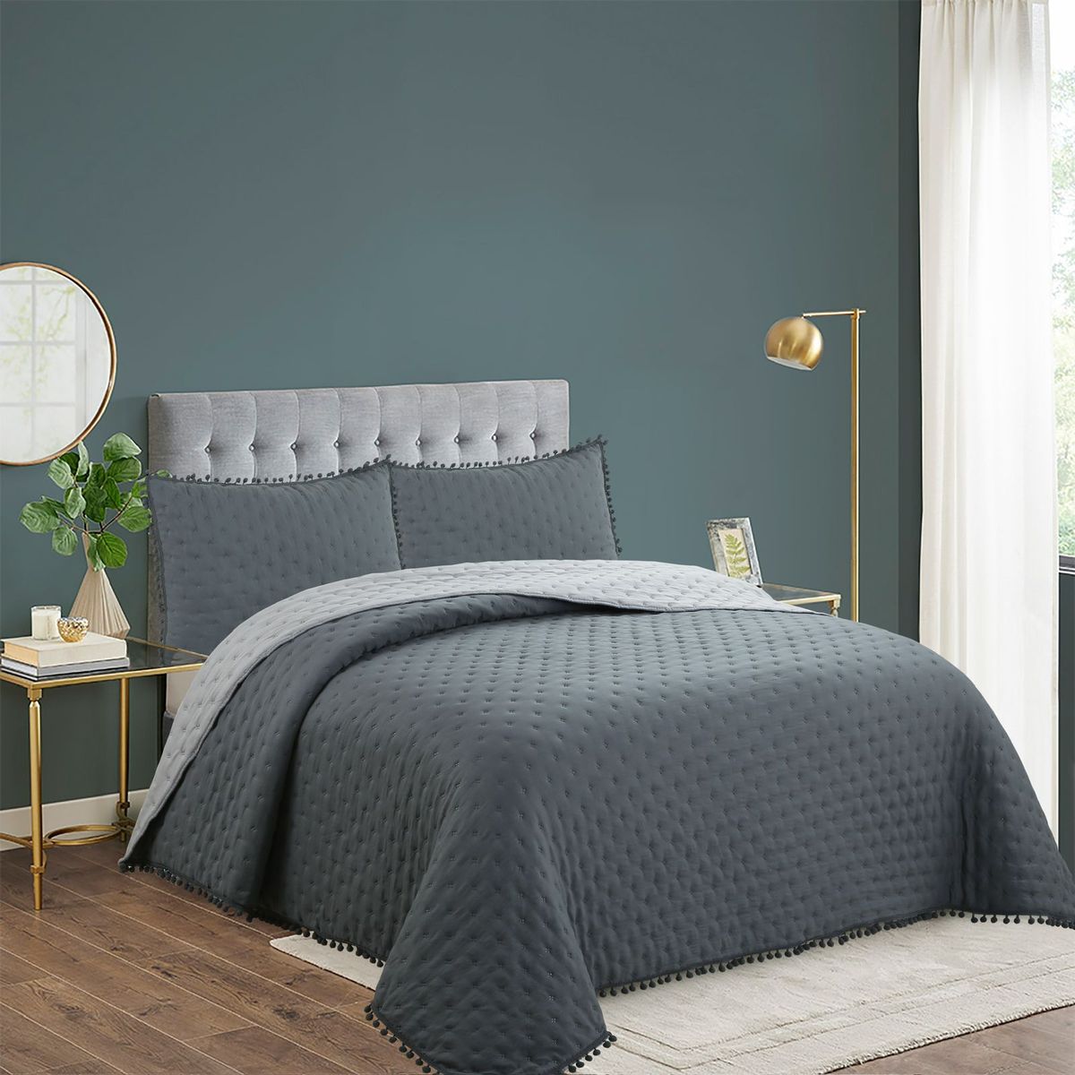 GENERICO - Cubrecama de Algodón con Pompones 2 Plazas Color Gris