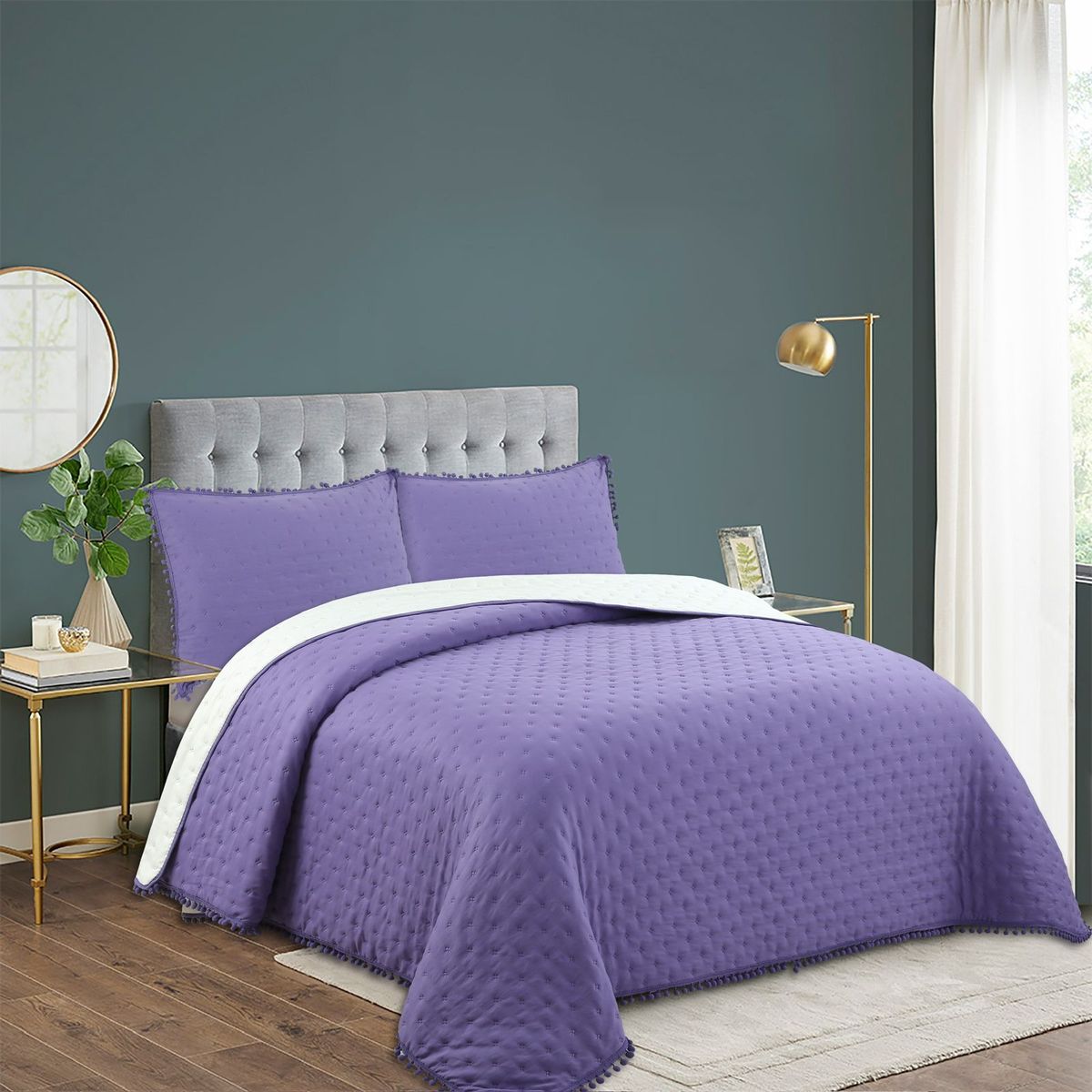 GENERICO - Cubrecama de Algodón con Pompones 2 Plazas Color Lila