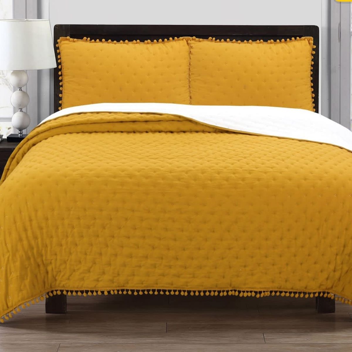 GENERICO - Cubrecama de Algodón con Pompones 2 Plazas Color Mostaza