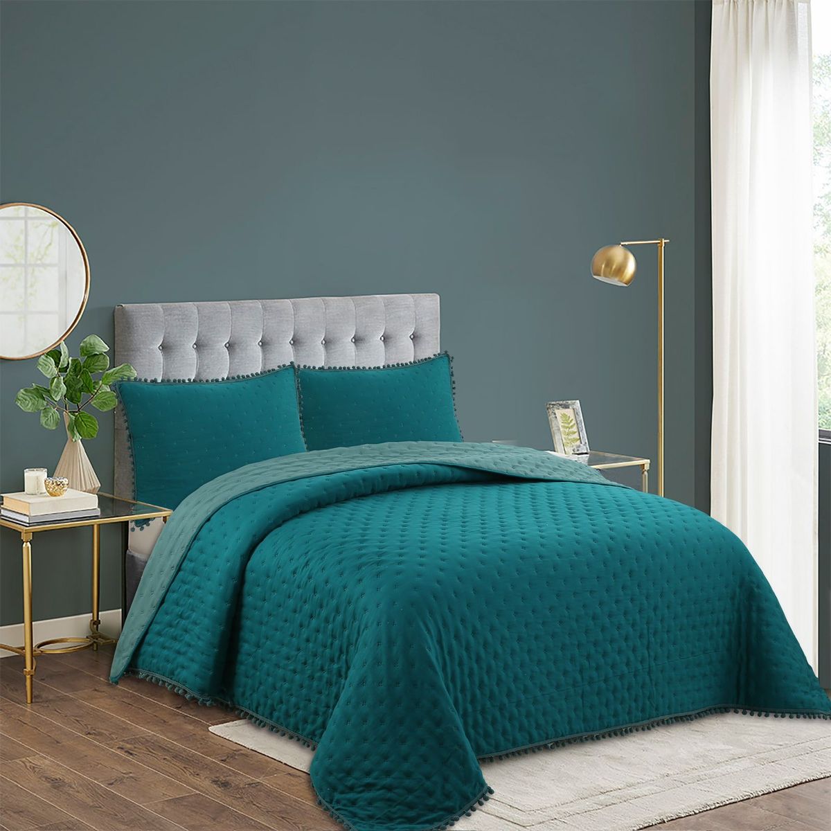 GENERICO - Cubrecama de Algodón con Pompones 2 Plazas Color Turquesa