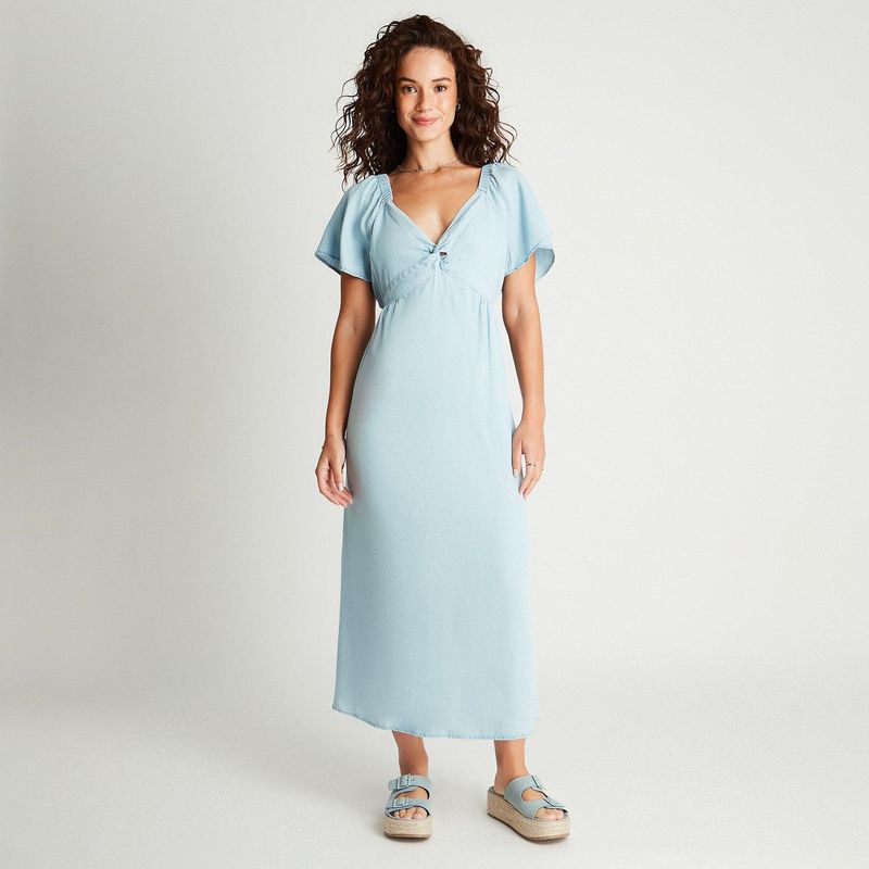 ACUARELA - Vestido Midi Lyocell Celeste Detalle En Espalda