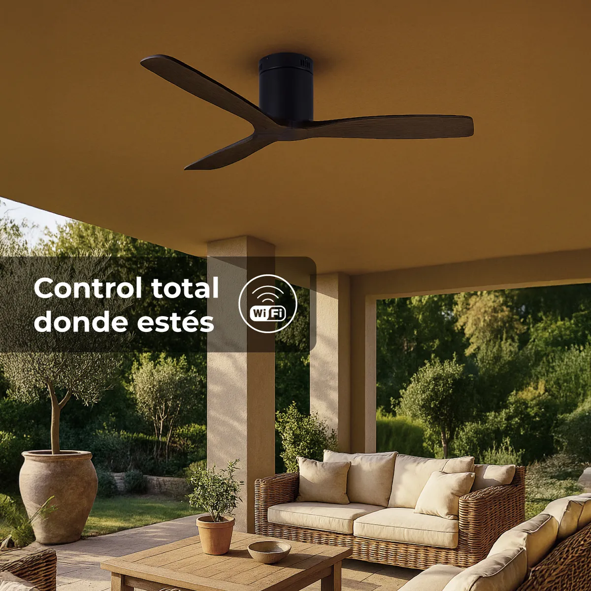 ANWO - Ventilador Techo Terraza Anwo Silencioso de Madera Marron WiFi 6 Velocidades