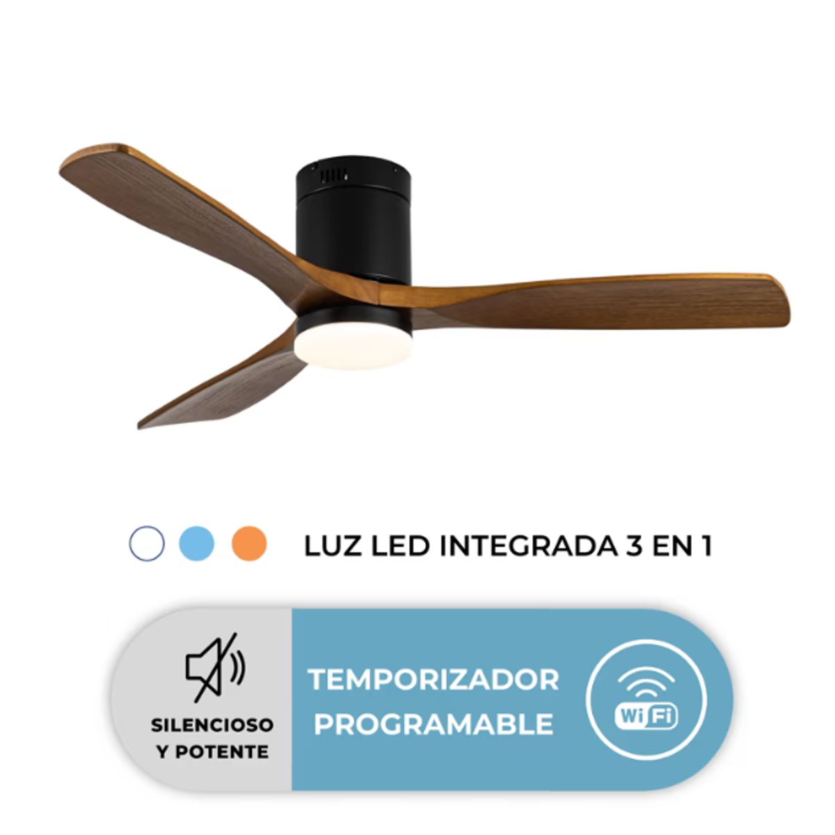 ANWO - Ventilador Techo Terraza Anwo Silencioso de Madera Marron WiFi Con Luz LED