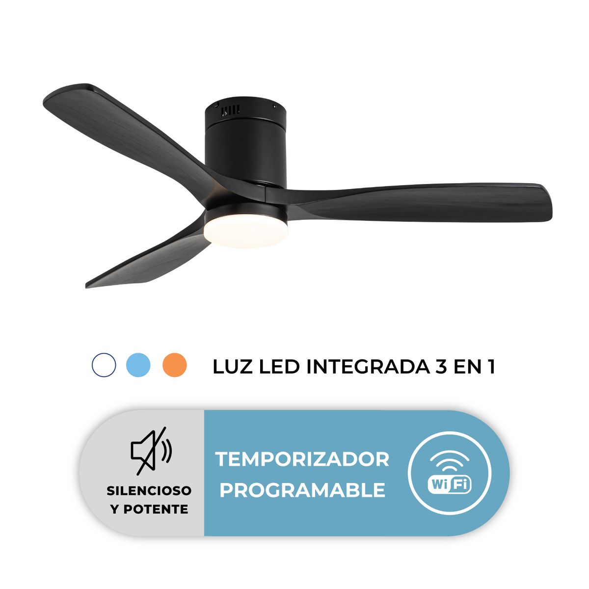 ANWO - Ventilador Techo Terraza Anwo Silencioso de Madera Negro WiFi Con Luz LED