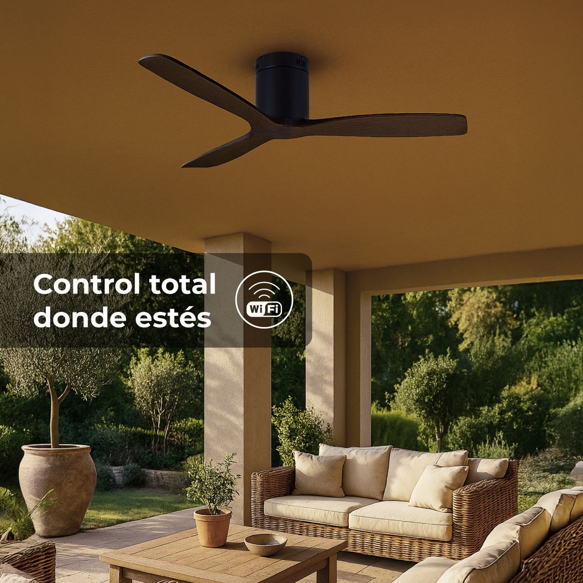 ANWO - Ventilador Techo Terraza Anwo Silencioso de Madera Negro WiFi 6 Velocidades