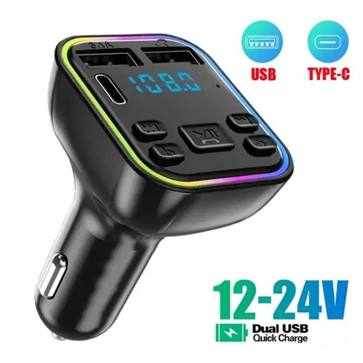 GENERICO - Adaptador Transmisor Bluetooth FM Radio Cargador TIPO C y USB Celular